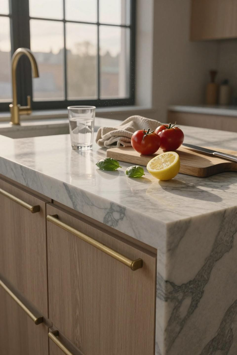 Kitchen inspiration design - sculptural brass pendant over Calacatta Oro island