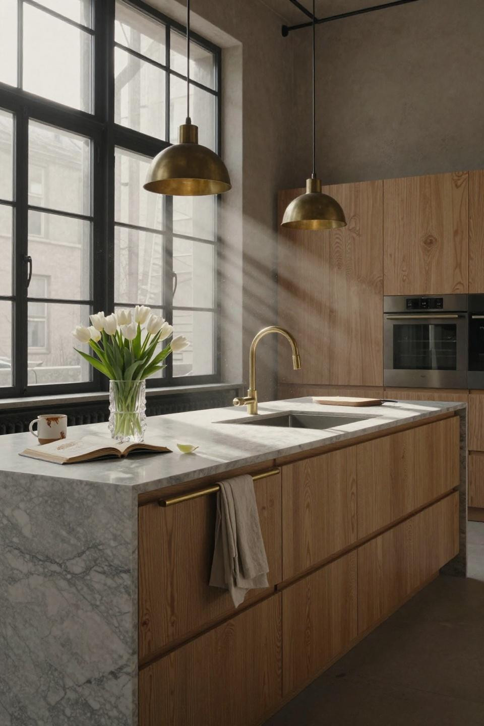 Small kitchen design - book-matched Carrara with waterfall edges