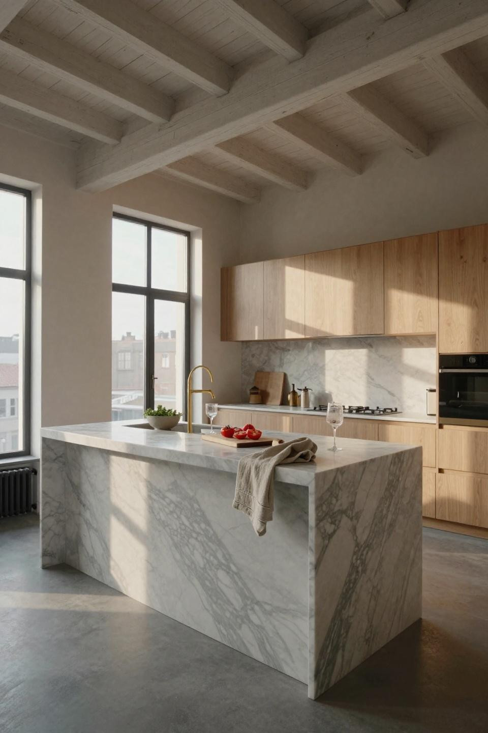 Kitchen interior design modern - honed Carrara marble island with gray veining