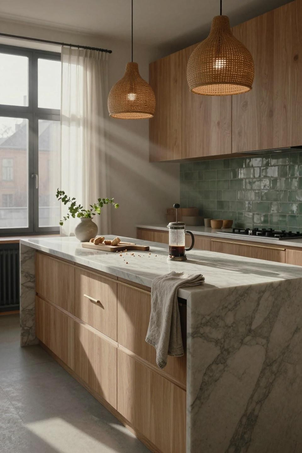 Luxury kitchen design - honey oak with honed Calacatta marble