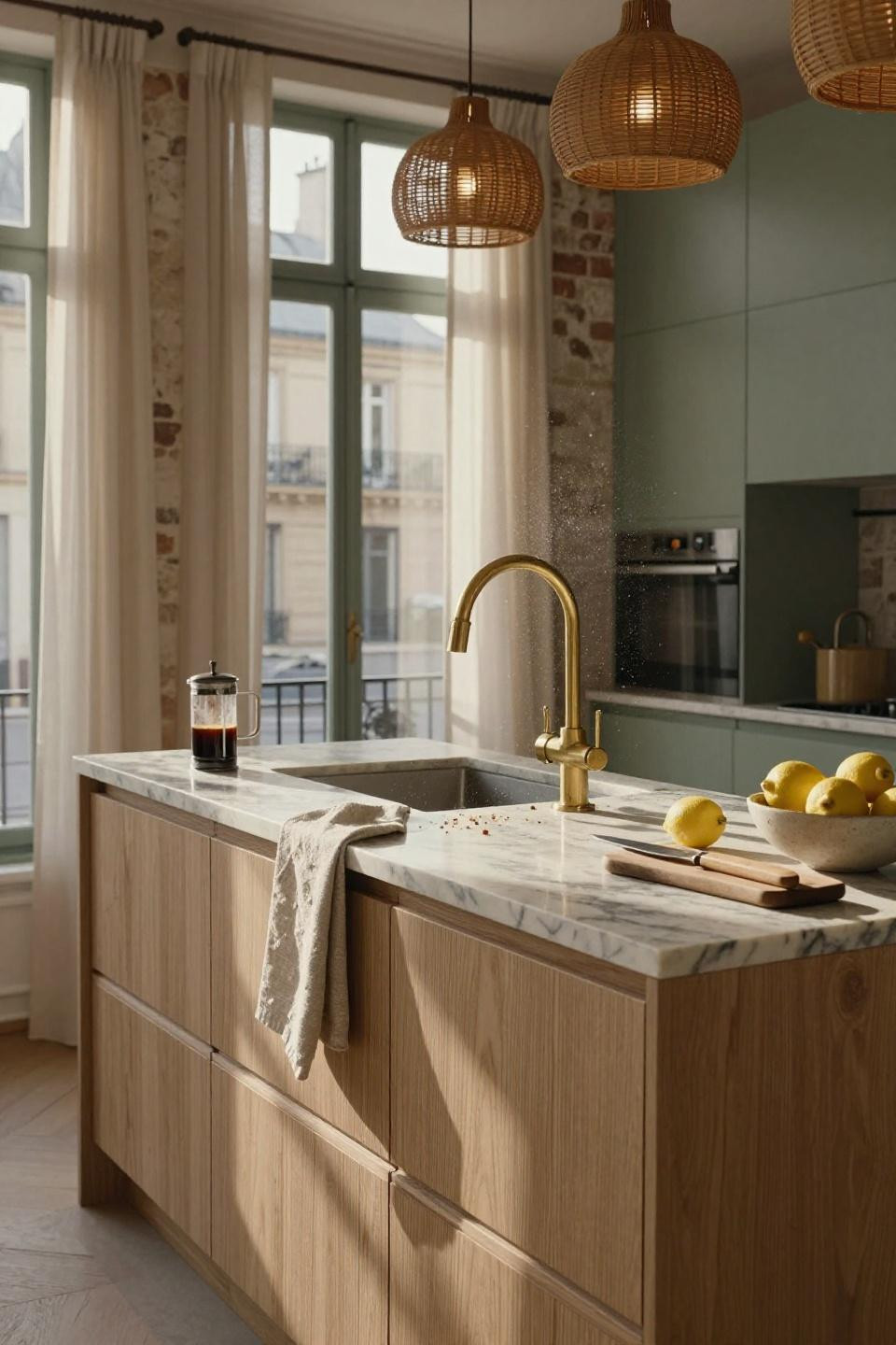 Kitchen room design - unlacquered brass faucet with Carrara marble