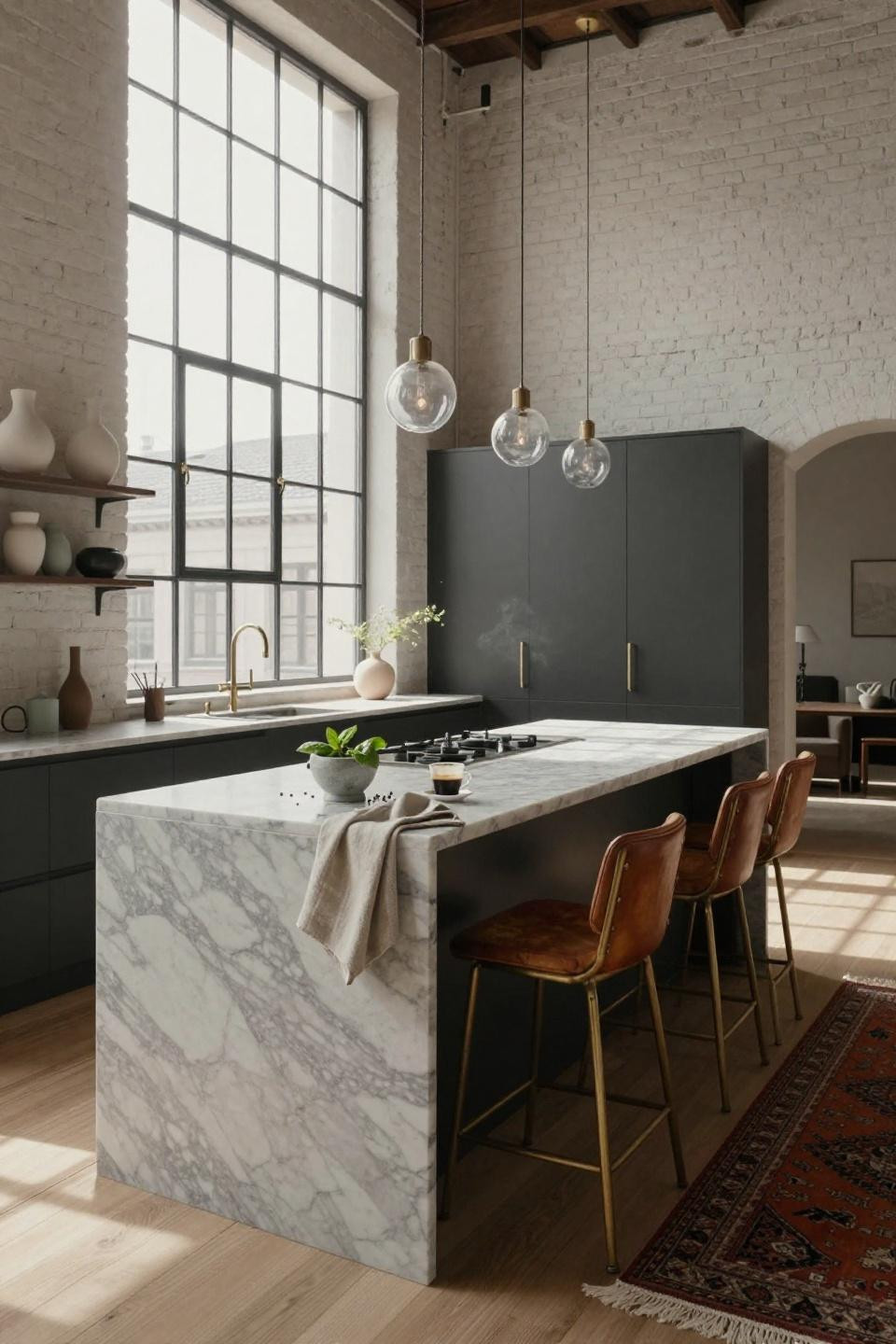 Kitchen inspiration design - soaring ceilings with exposed brick