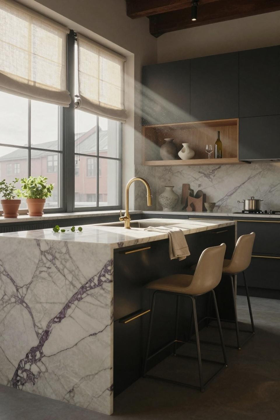 Kitchen interior design modern - Calacatta Viola marble island with brass details