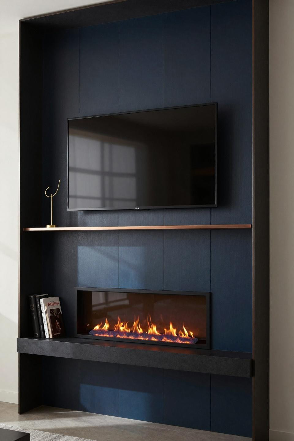 Media Wall Ideas With Fireplace - portrait-oriented TV blackened steel