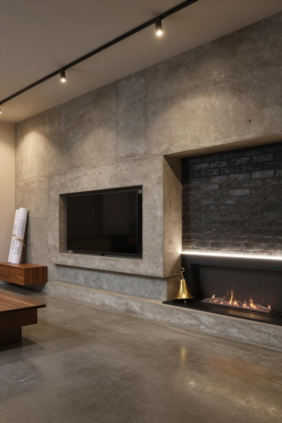 Tv And Fire Wall Ideas Modern - geometric-stepped concrete design