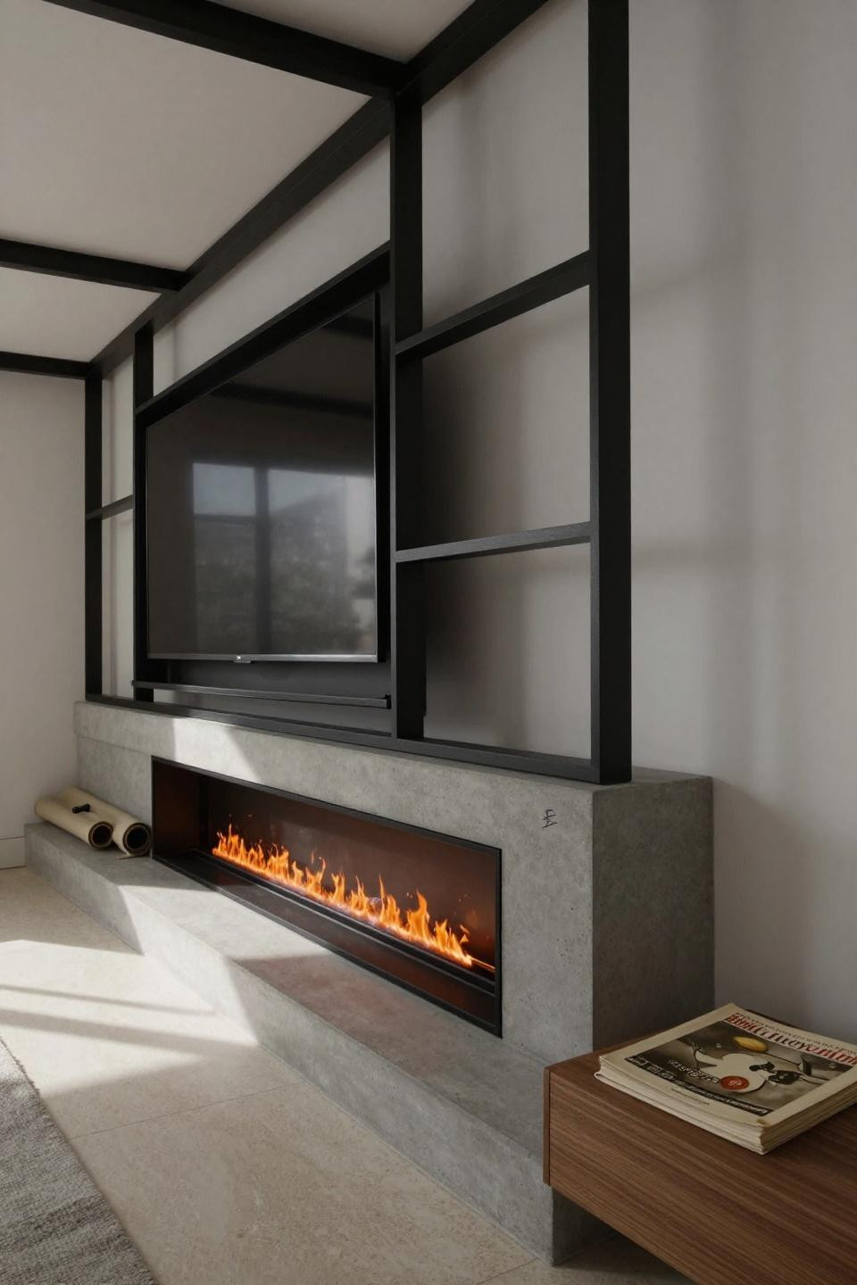 Tv Wall With Fireplace Modern - blackened steel and concrete platform