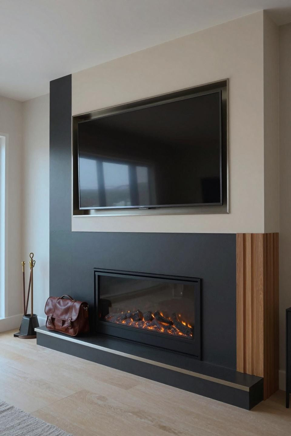 Media Wall Ideas With Fireplace - cream and charcoal color-blocked panels