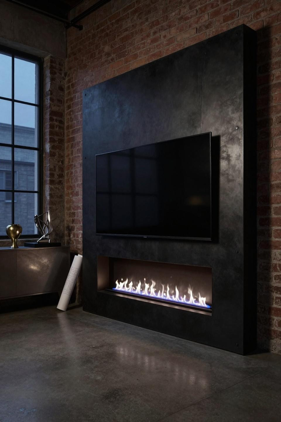 Living Room Tv Fireplace Wall Ideas - blackened-steel sculptural portal