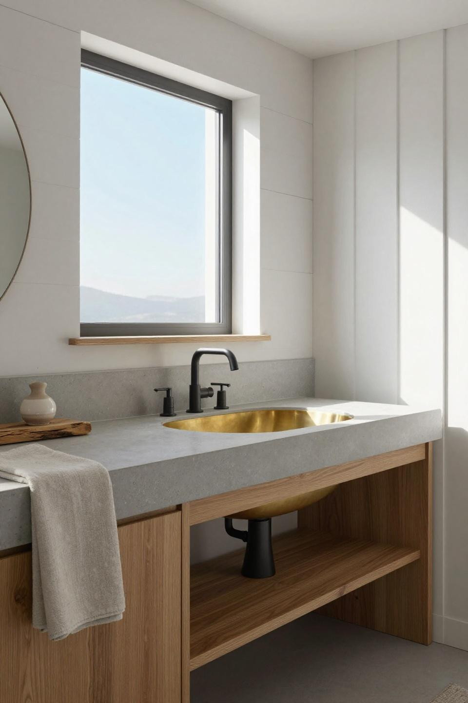 Master Bath Remodel - natural oak vanity with blackened steel support