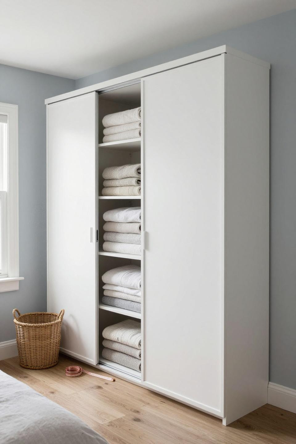 Almari Design Room - white laminate sliding wardrobe with sand felt lining