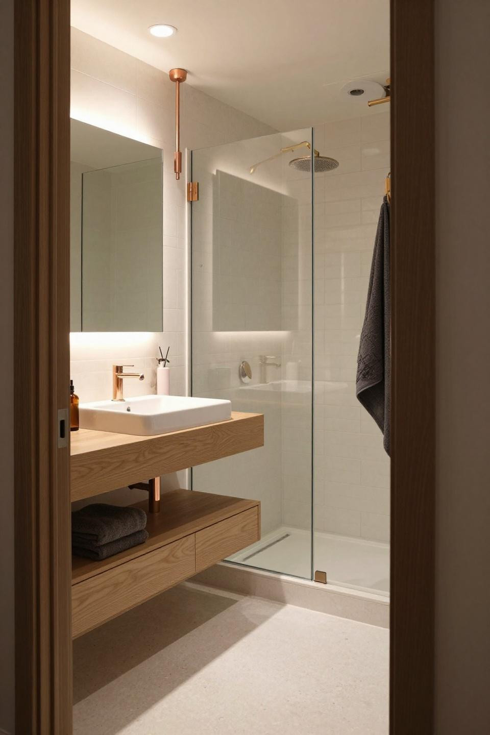 modern bathroom interior - pale oak vanity on travertine floor