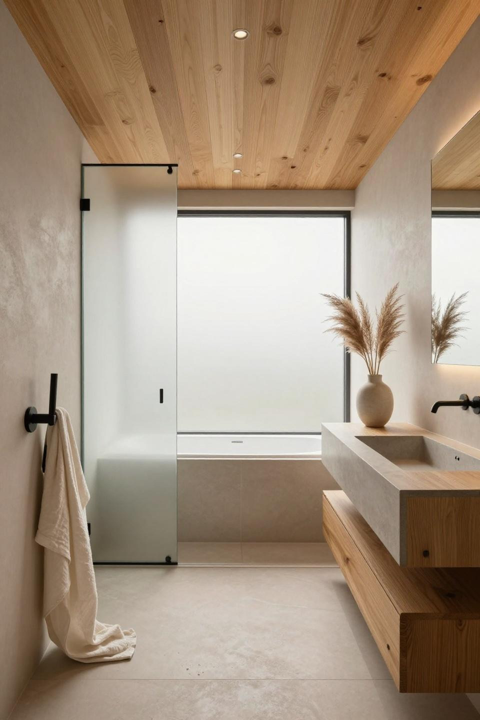 modern small bathrooms - Japanese oak wet room with floating vanity