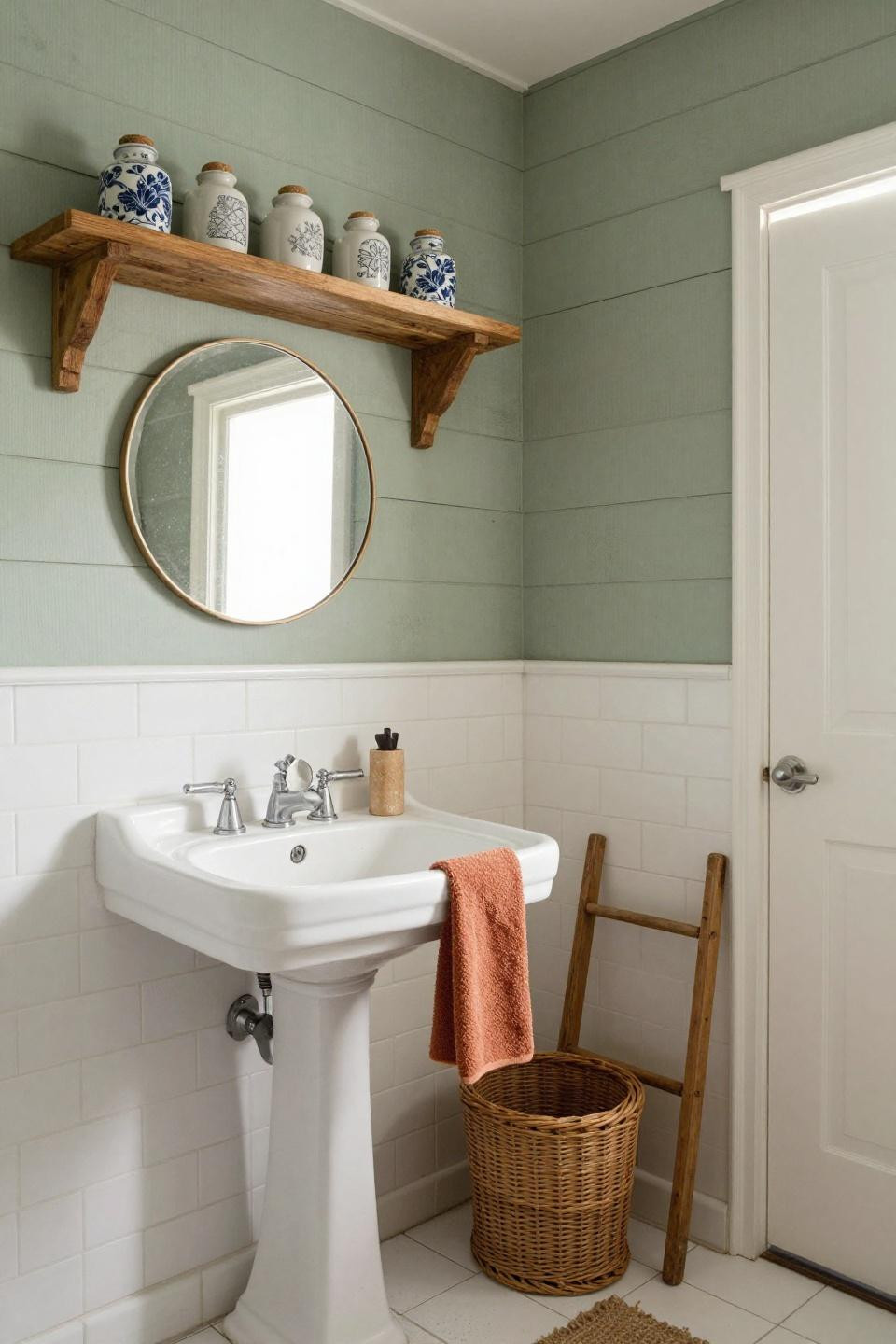 modern luxury bathroom - weathered sage shiplap with pedestal sink