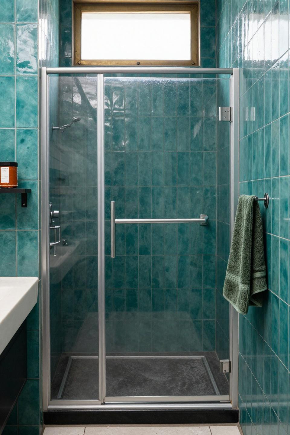 contemporary bathroom - saturated teal glossy tile wet room