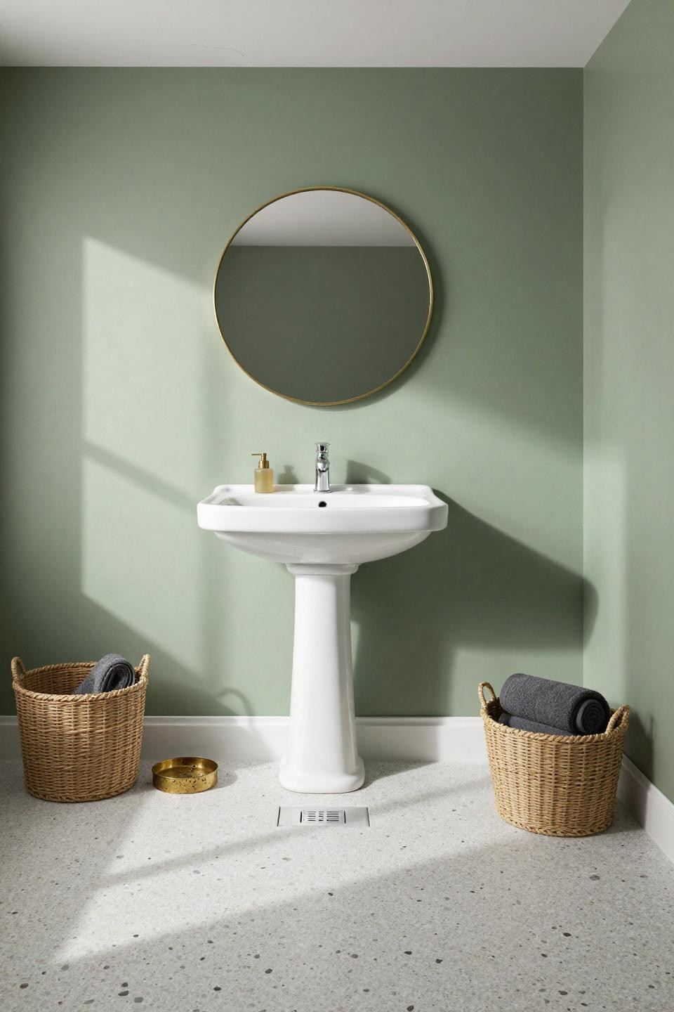 modern bathroom ideas - continuous terrazzo with sage limewash