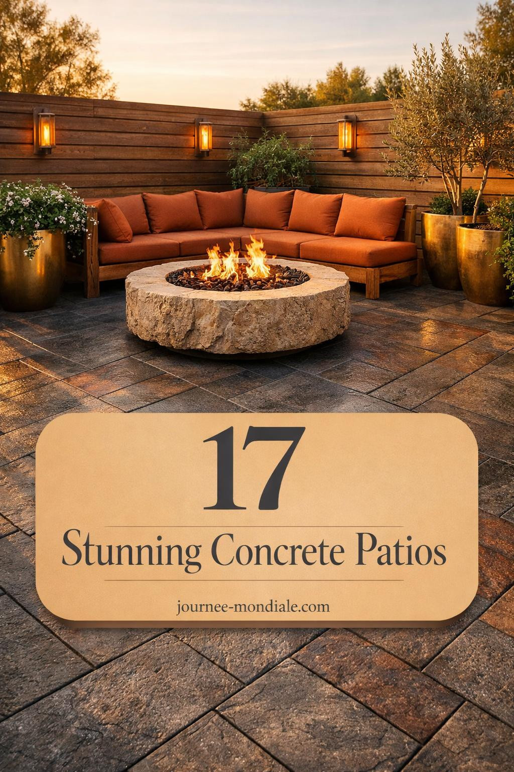 Spacious stamped concrete patio featuring modern geometric patterns, comfortable outdoor furniture, potted plants, and ambient lighting in contemporary backyard design