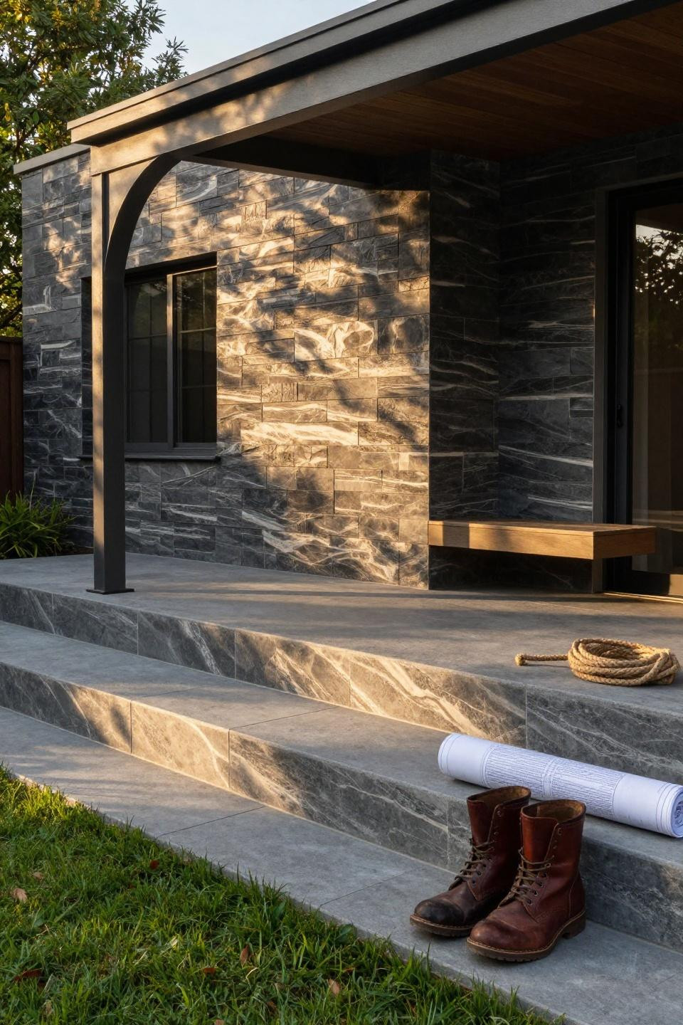 Terraced stamped concrete patio charcoal ashlar with planters