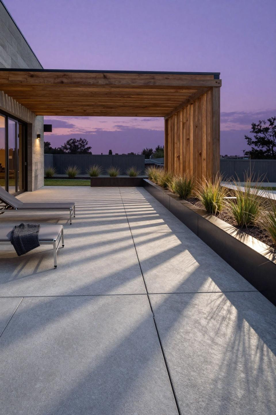 Contemporary stamped concrete patio warm grey ashlar slate