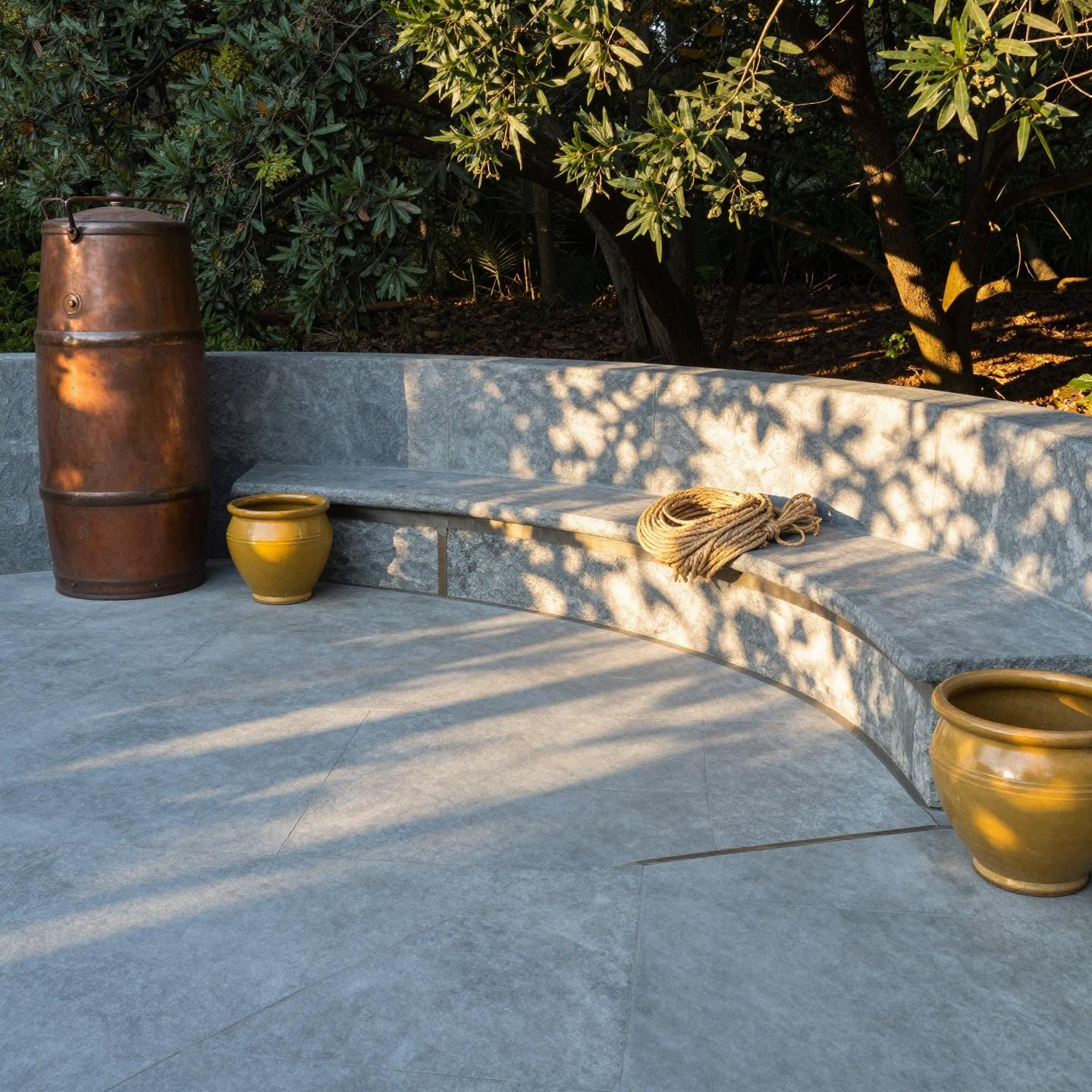 Rustic stamped concrete patio slate ashlar pattern woodland