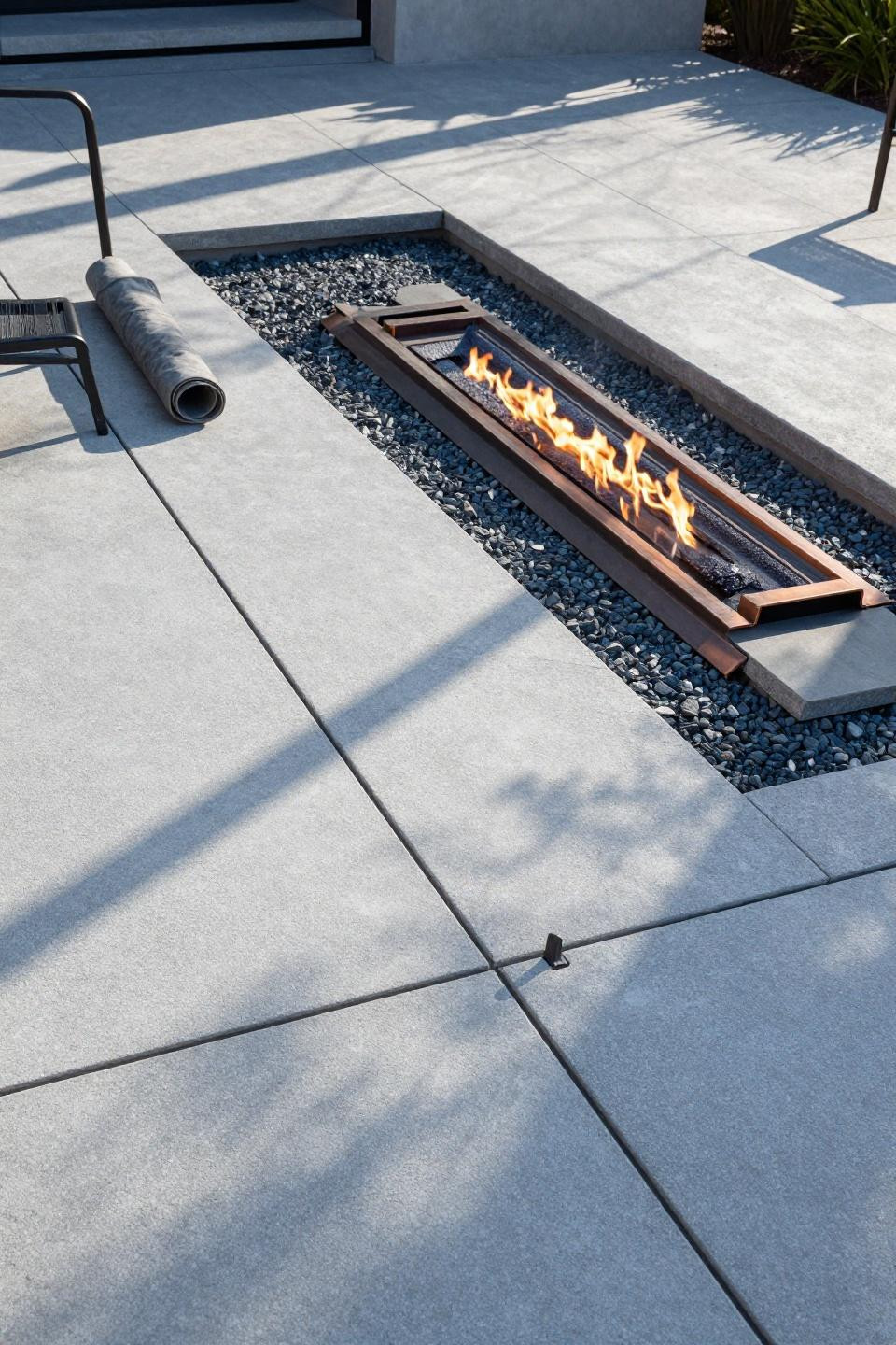 Modern stamped concrete patio slate texture recessed fire pit