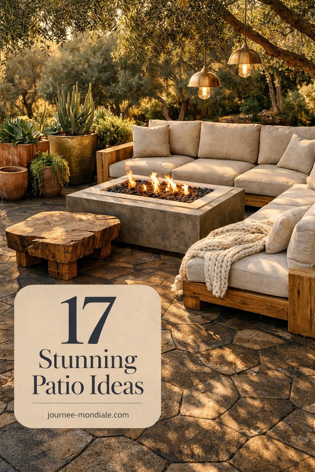 Spacious stamped concrete patio featuring modern geometric patterns, comfortable lounge furniture, potted plants, and ambient string lighting in contemporary backyard design