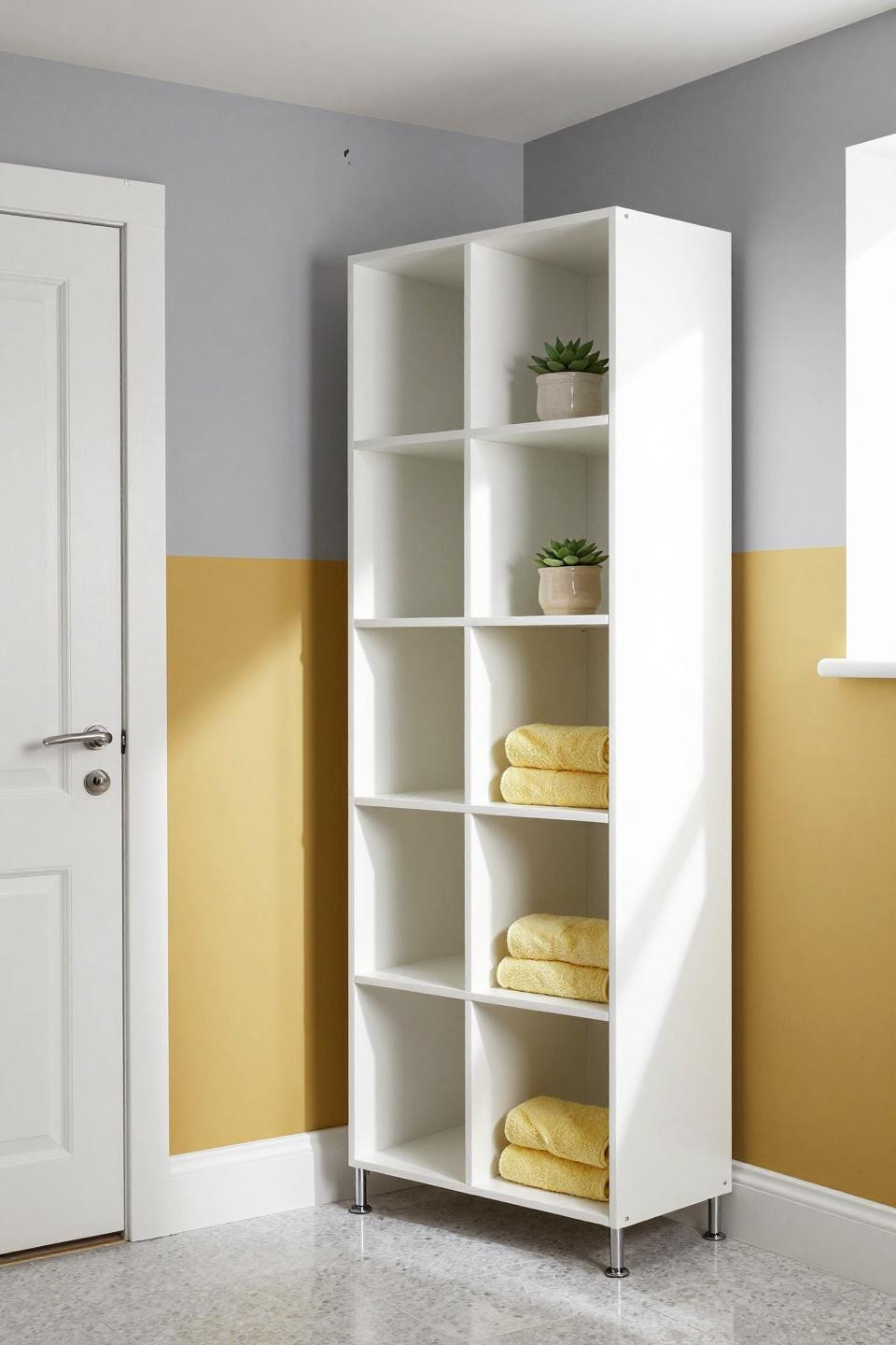 Cozy Bathroom - white modular storage tower with mustard accent stripe