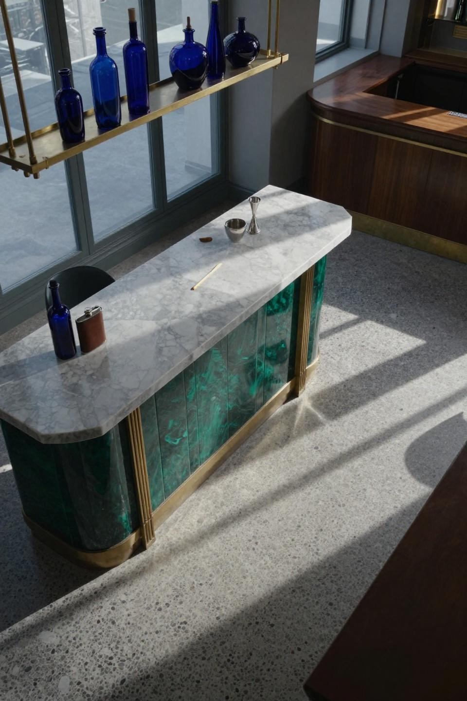 Modern Speakeasy - marble counter with emerald lacquered panels