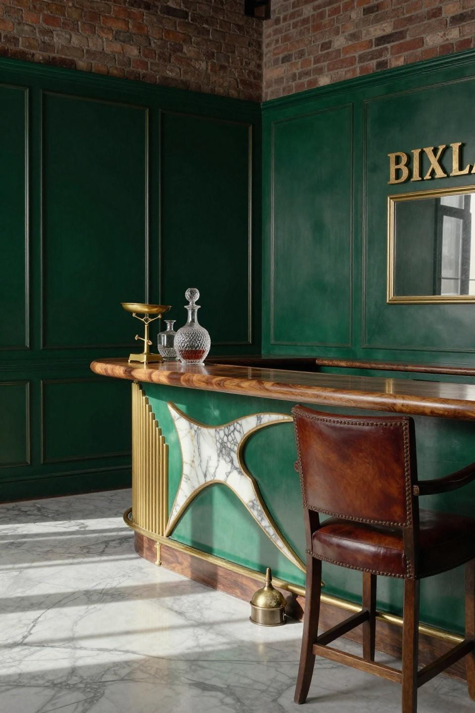 Back Bar Design - sinuous curved walnut with mother-of-pearl inlay