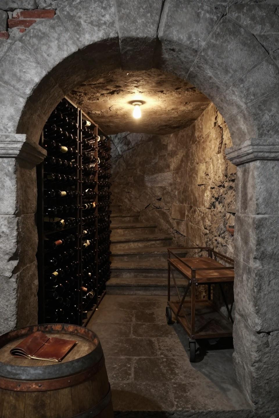 Speakeasy Lounge - underground limestone wine cellar with iron racks