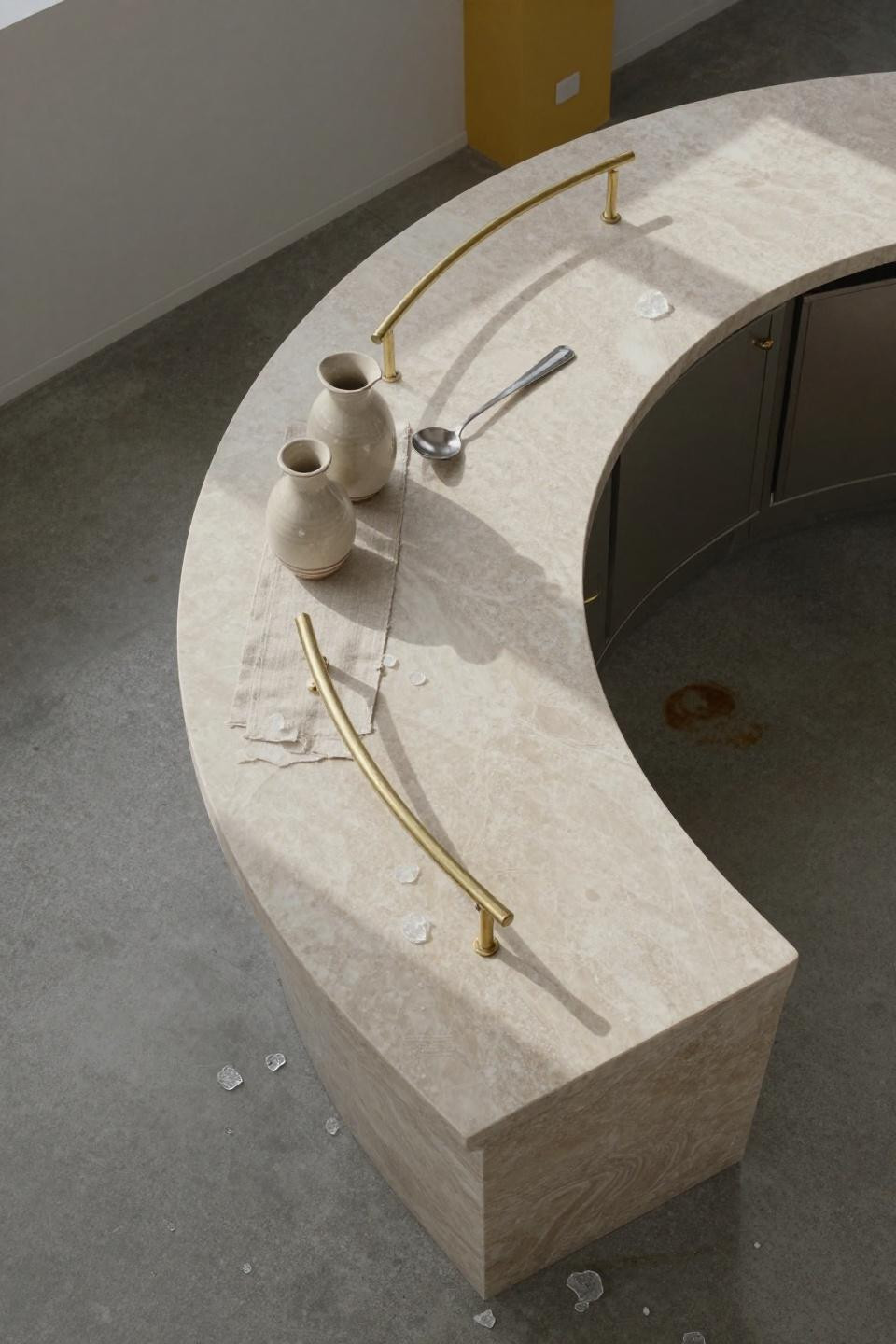 Speakeasy Lounge - sculptural curved travertine with solid brass rail