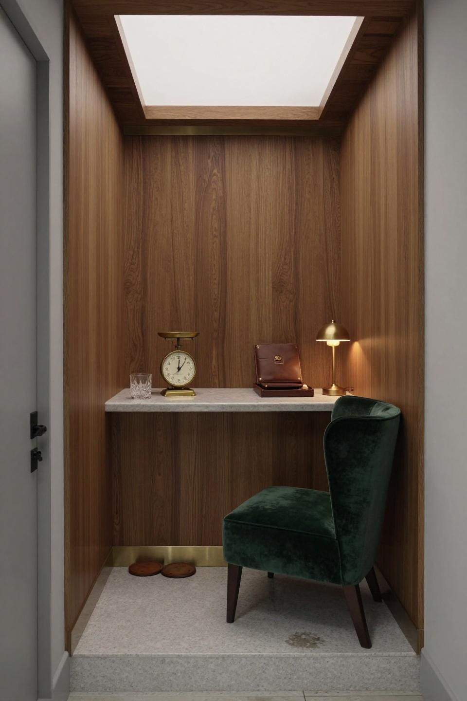 Fancy Bar - travertine bar nook in honey oak wainscoting