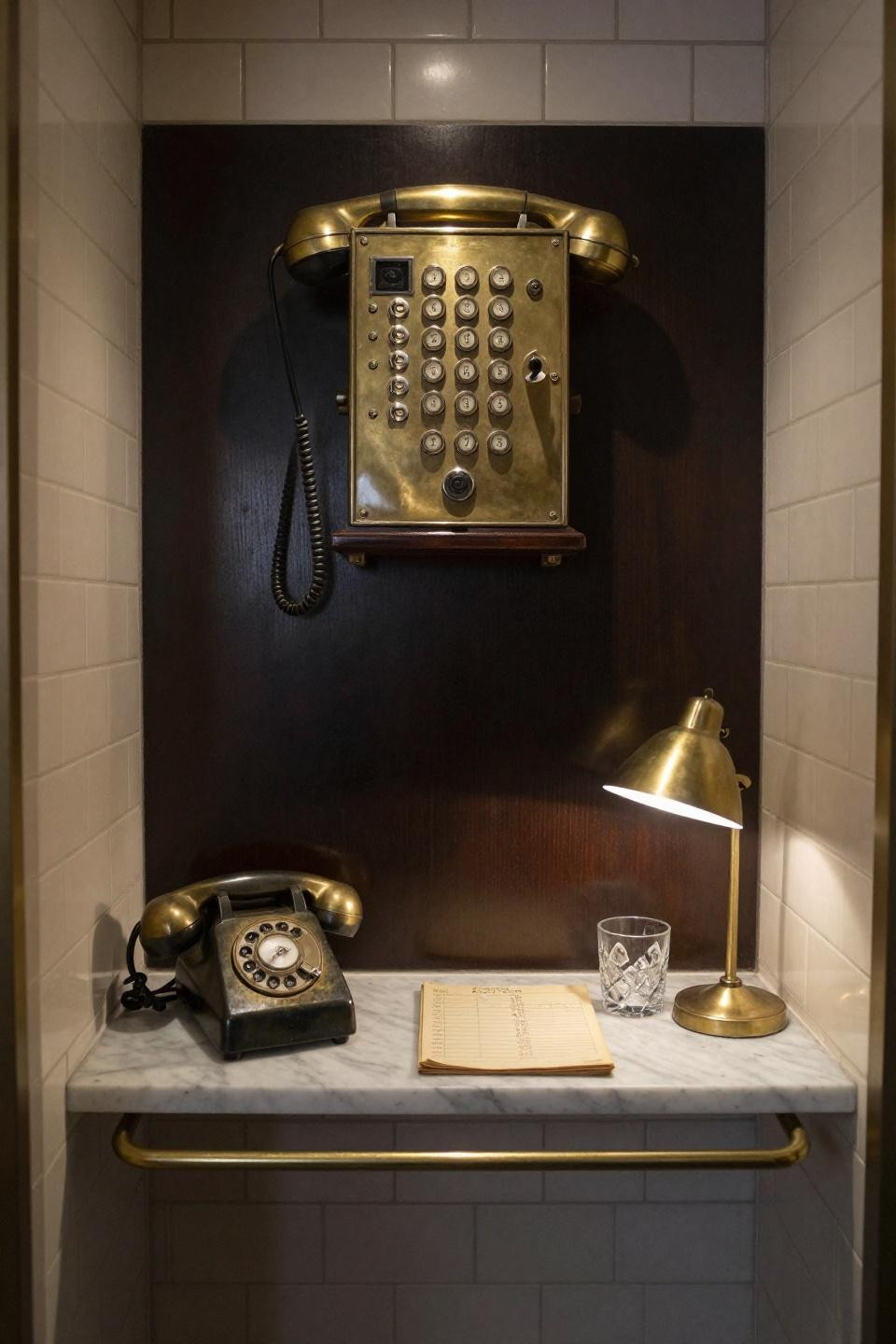 Moody Basement Bar - vintage brass switchboard mounted as backbar