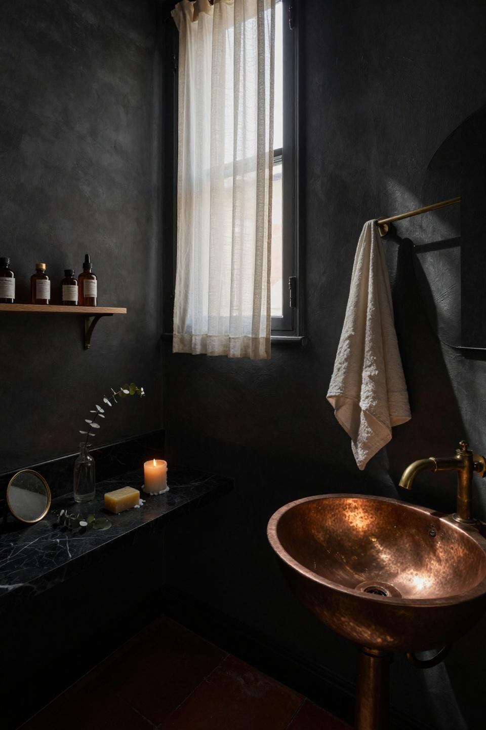 Small Moody Bathroom - charcoal walls with terracotta floor