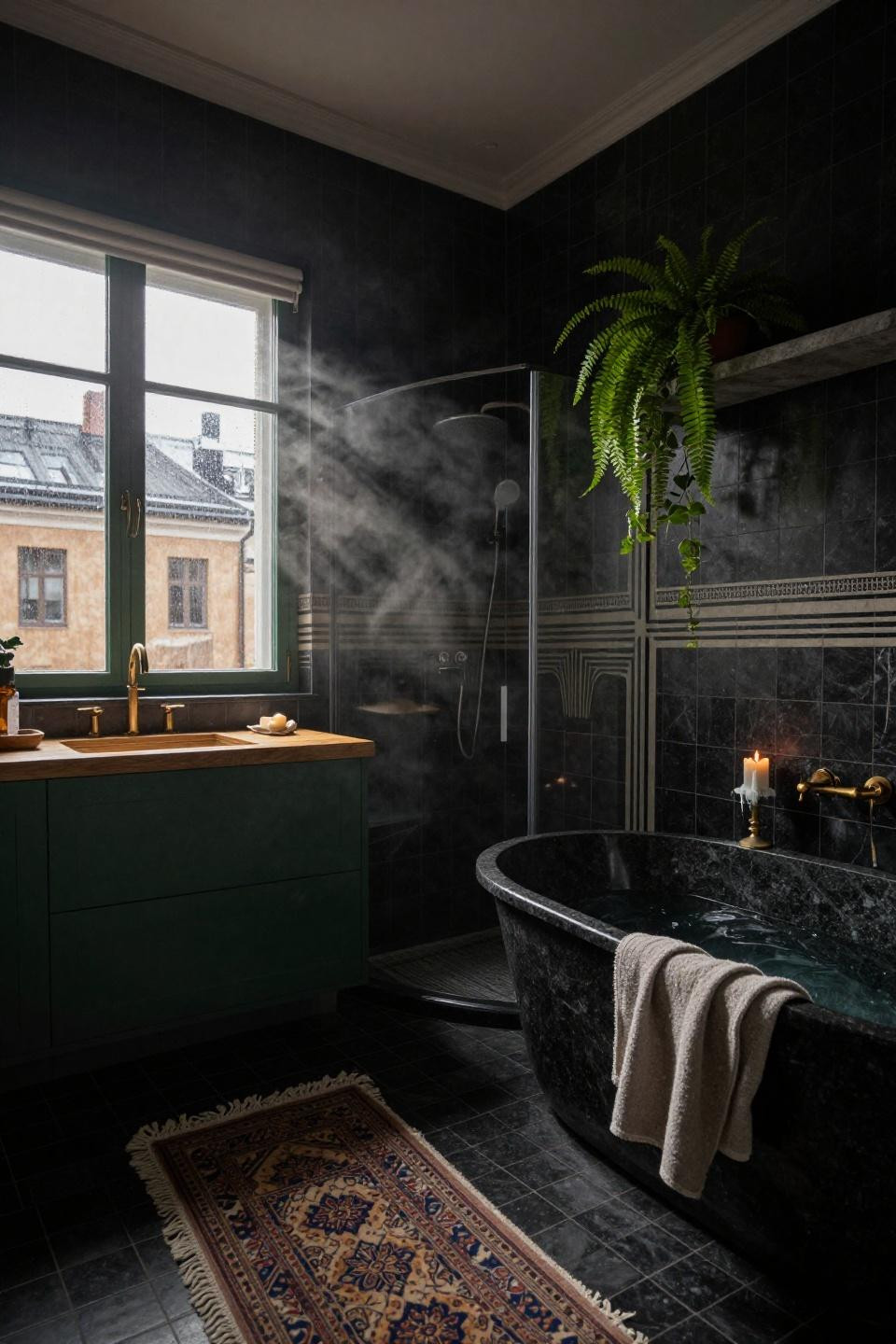 Dark Bathroom Design - black zellige with forest green cabinets
