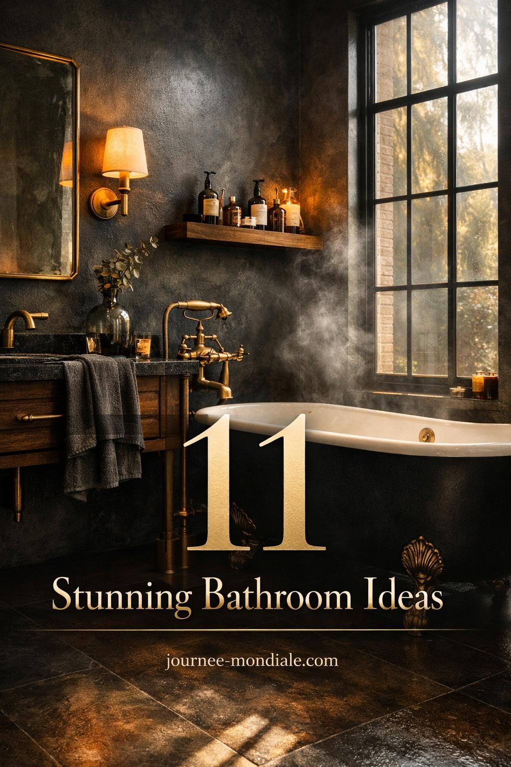 Dramatic charcoal bathroom featuring black clawfoot tub, dark plaster walls, aged brass sconces, and honed granite vanity