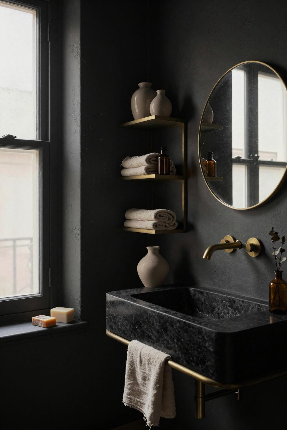 Dark Moody Powder Room - matte charcoal plaster with brass accents