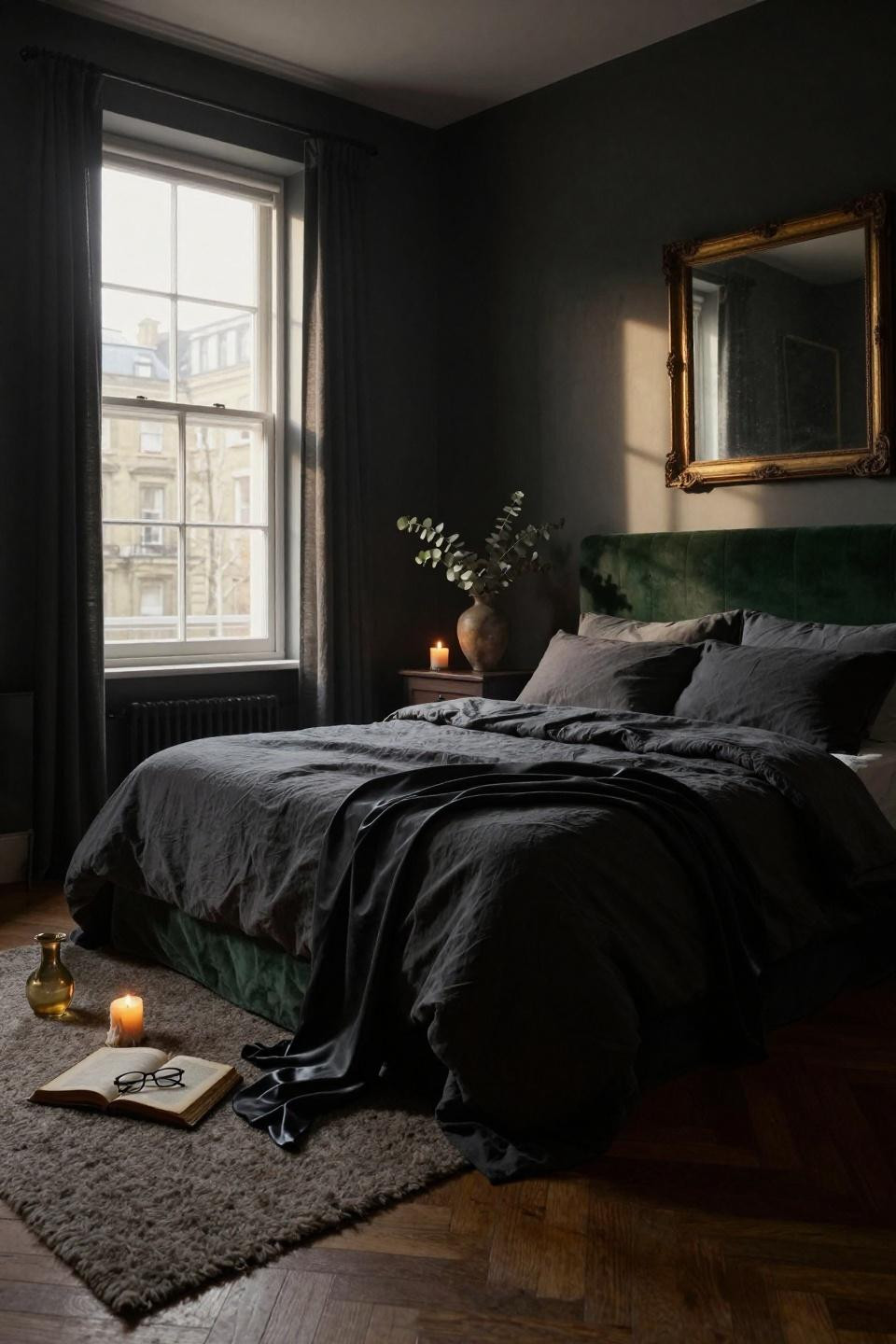 Moody Master Bed - forest green velvet with charcoal linen layers