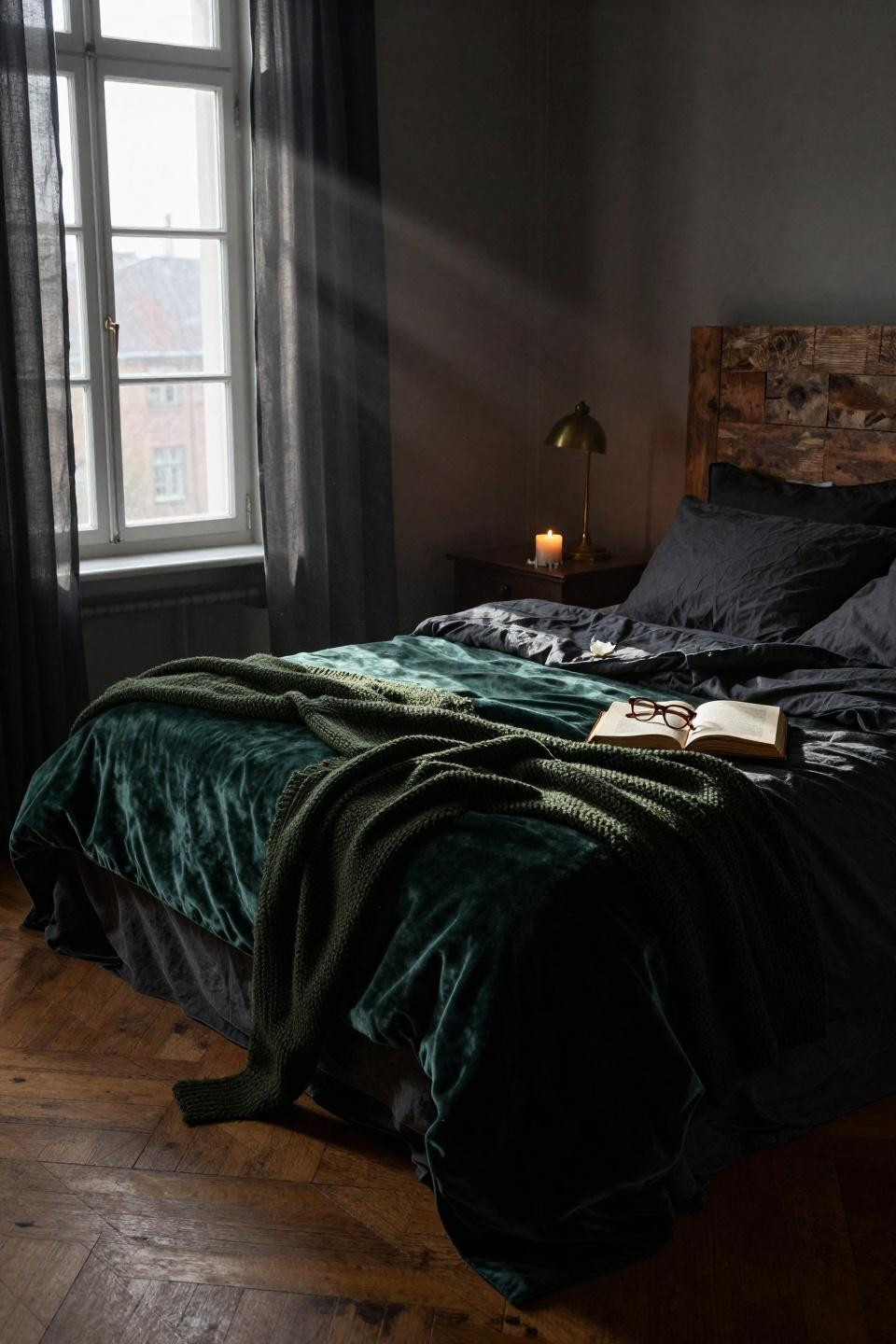 Moody Primary Bedroom - layered velvet and Belgian linen with brass details