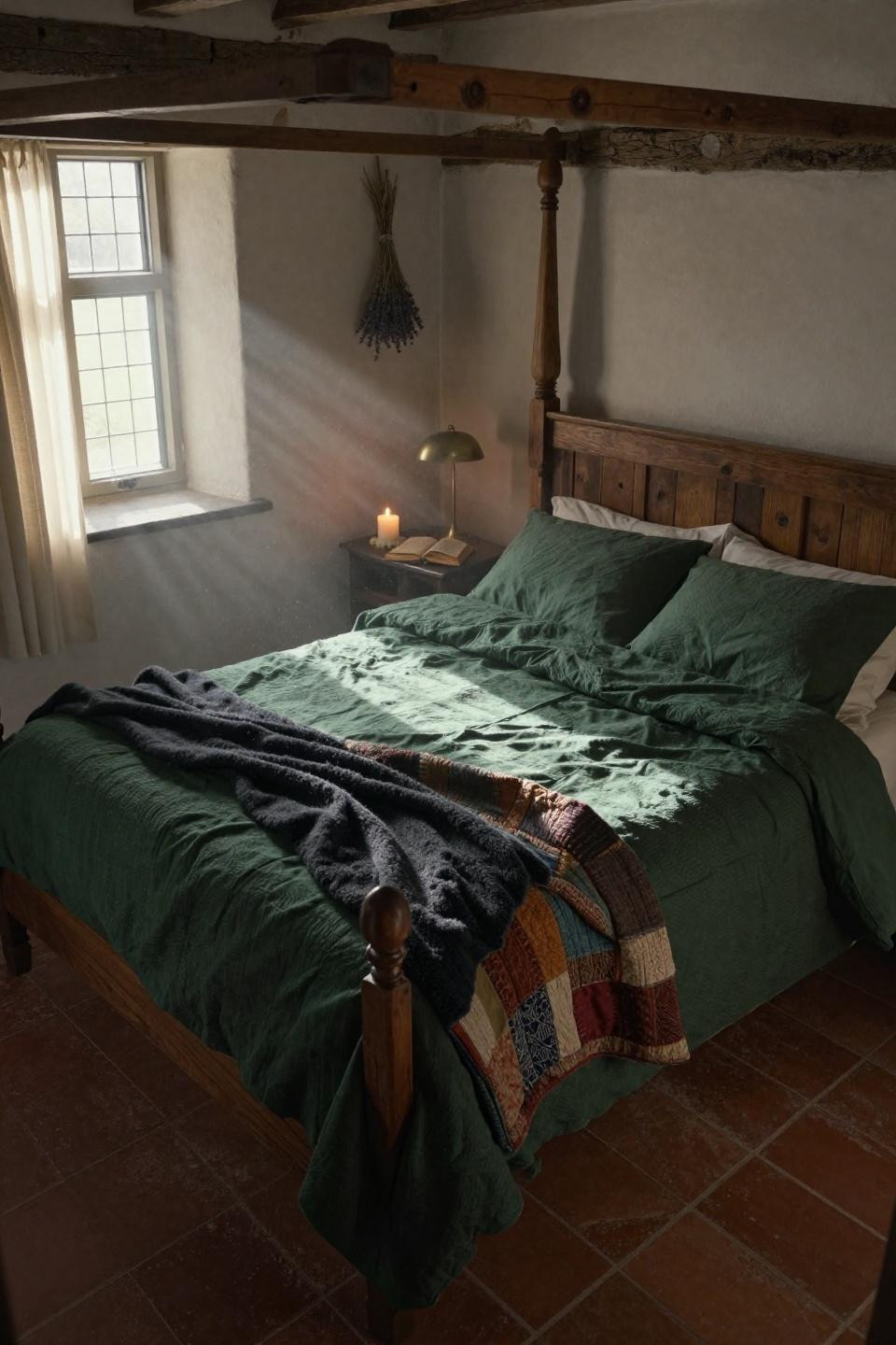 Moody Cottage Bedroom - four-poster with patchwork and exposed beams