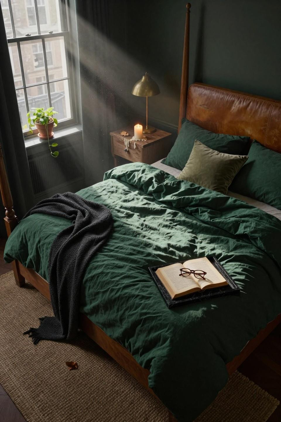 Moody Eclectic Bedroom - cognac leather with forest green layers