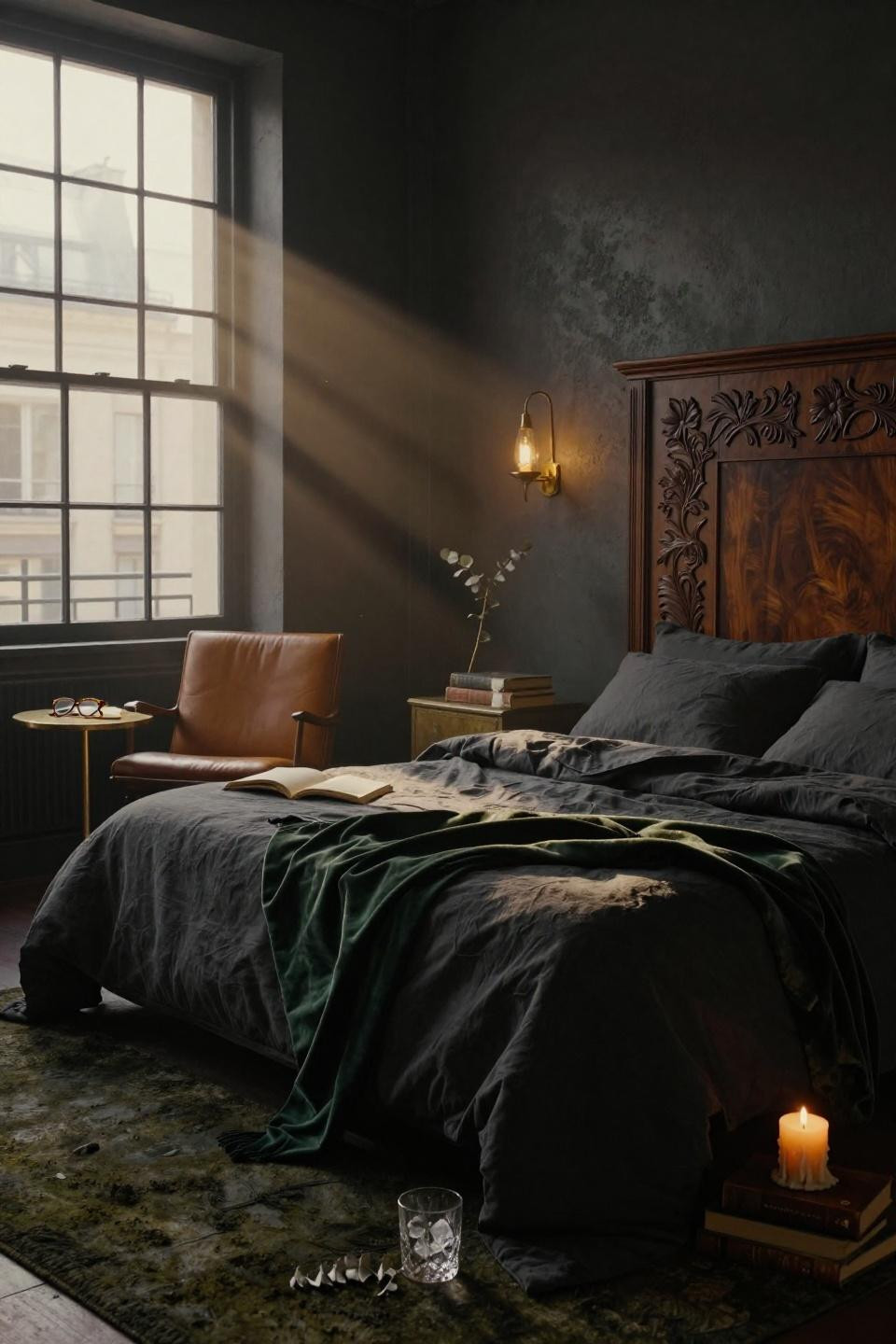 Dark Bedding Aesthetic - charcoal linen with brass sconces