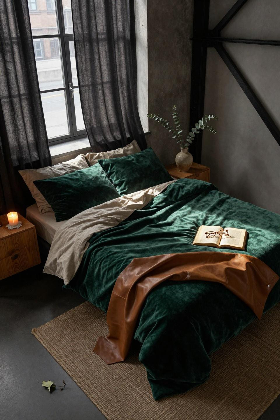 Dark Green Moody Bedroom - emerald velvet with oatmeal linen