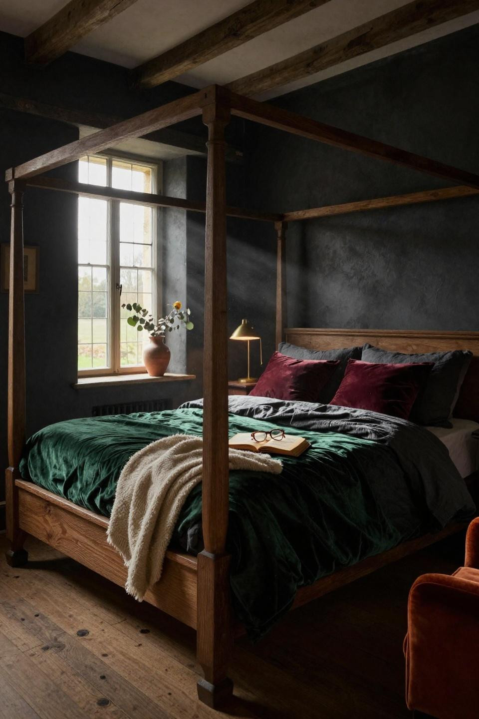 Dark Moody Bedroom Ideas - reclaimed oak four-poster with layered textures