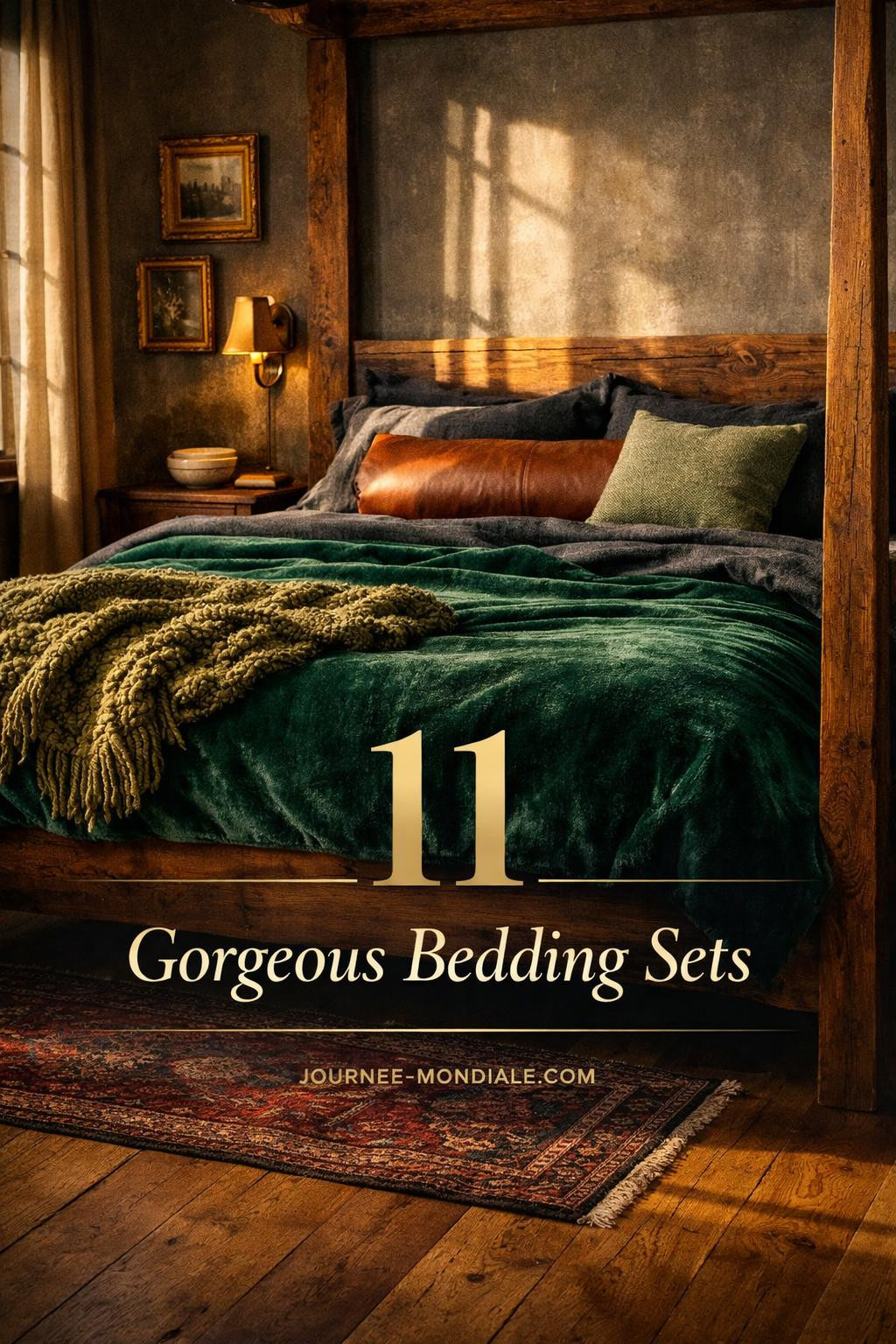 Dramatic bedroom featuring forest green velvet duvet, charcoal linen sheets, cognac leather pillows, reclaimed walnut bed, brass sconces