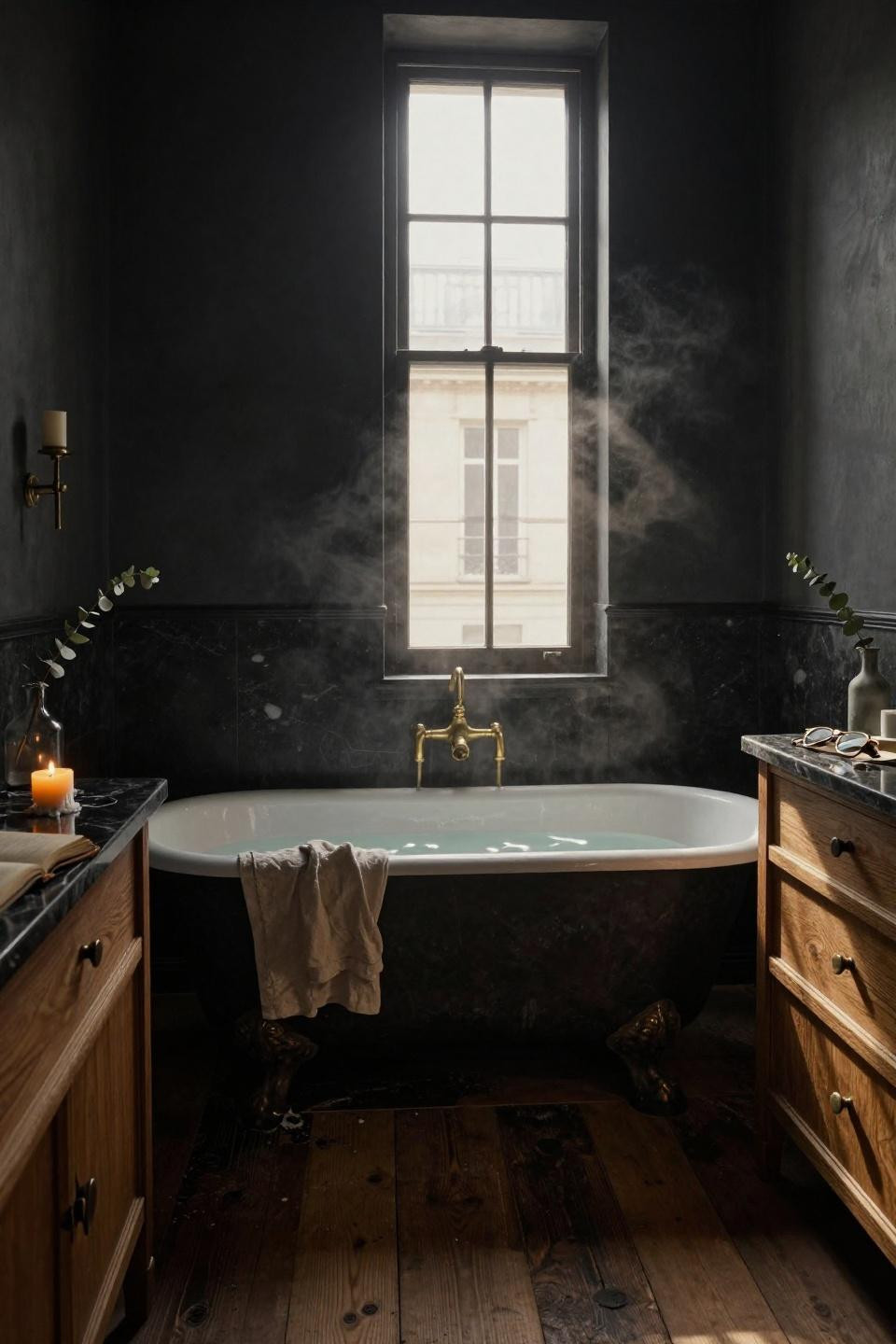 Dark Moody Bathroom Ideas - cast iron tub with reclaimed oak