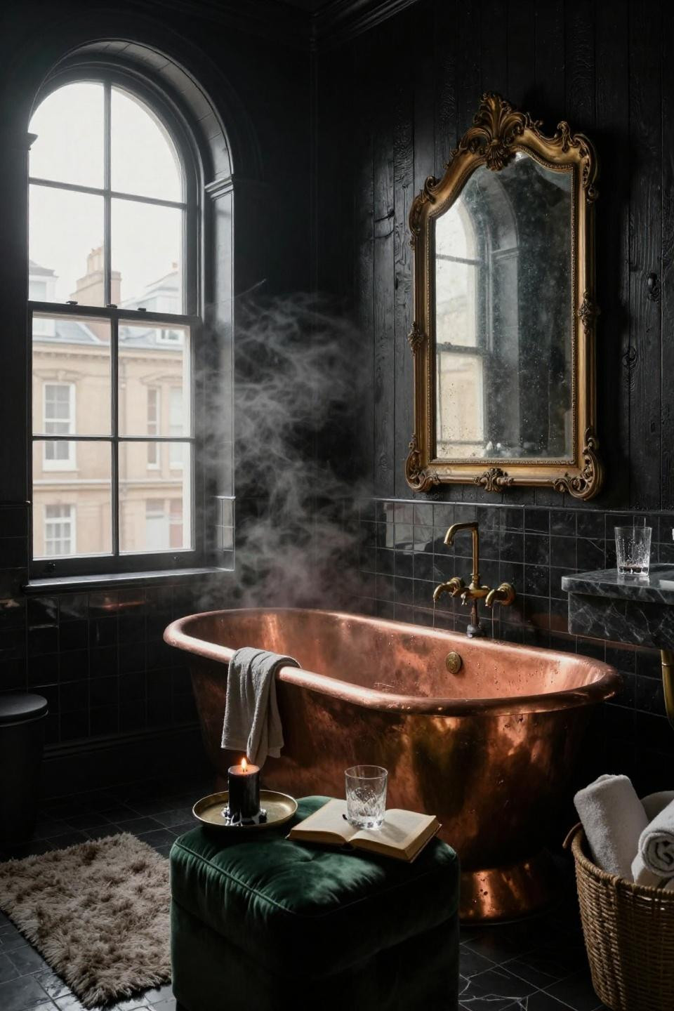 Moody Bathroom Decor - blackened wood with gilded mirror