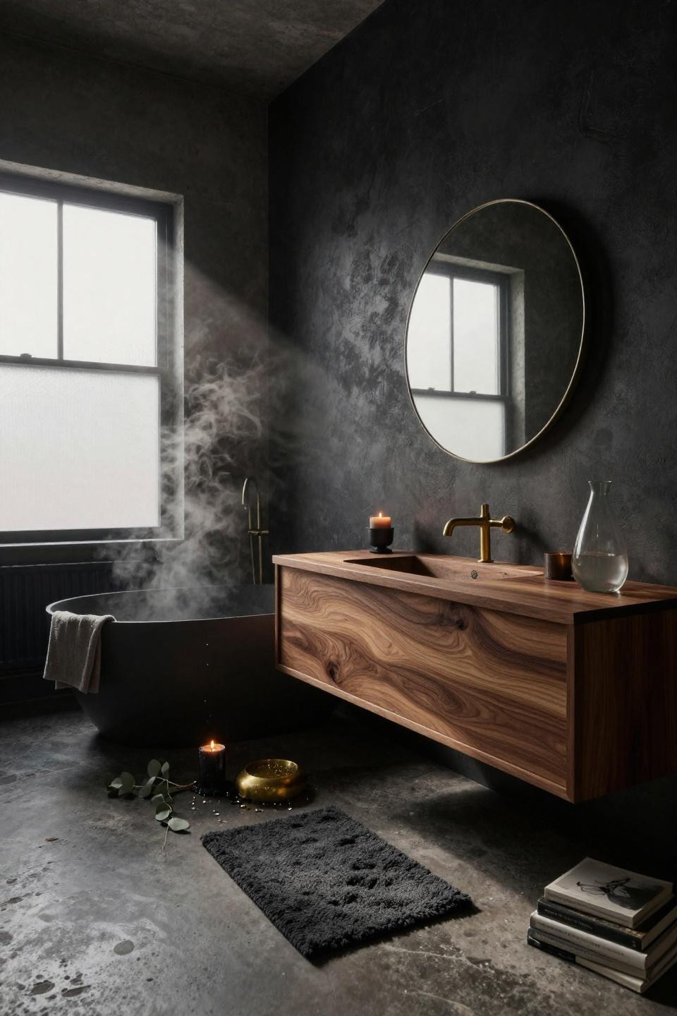 Moody Modern Bathroom - walnut vanity with concrete architecture
