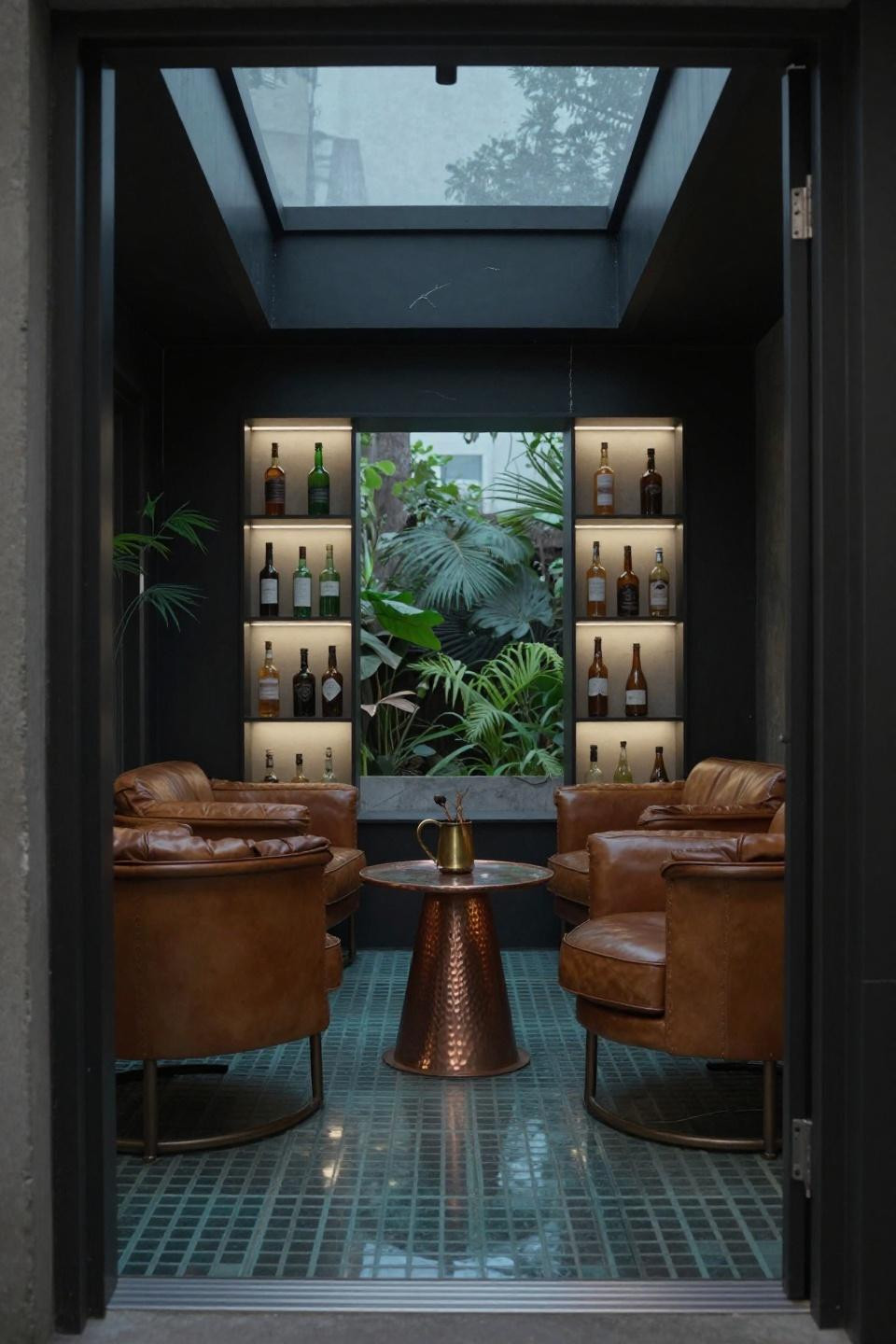 Dark Restaurant Interior - blackened steel frame with backlit emerald bottles