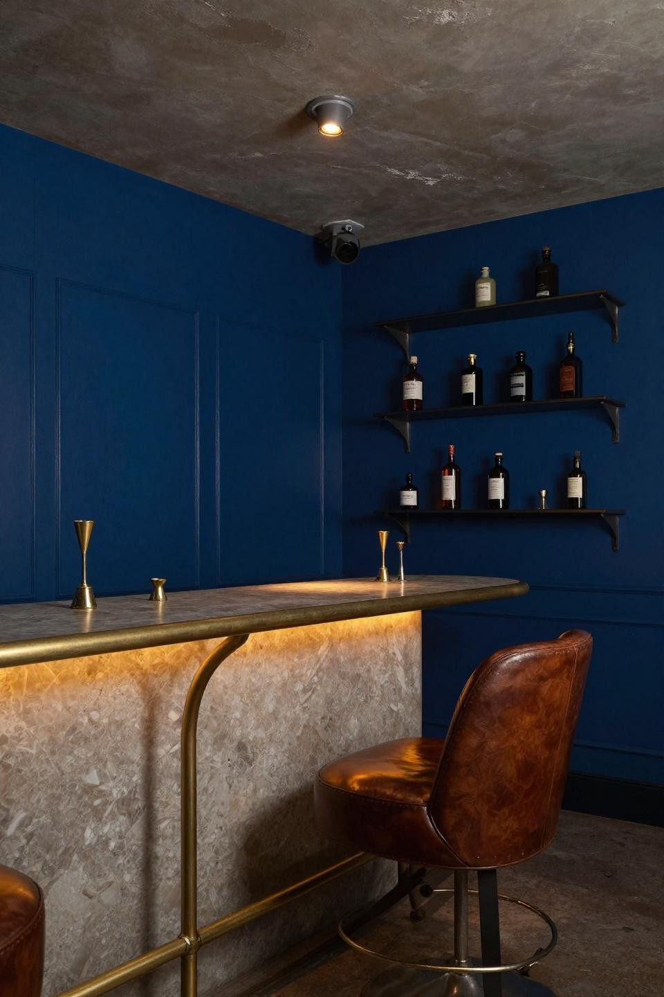 Moody Restaurant Interior - travertine bar with brass rail and sapphire walls