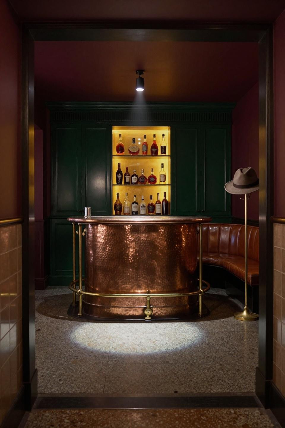 Back Bar Design - hammered copper counter with Art Nouveau brass rail